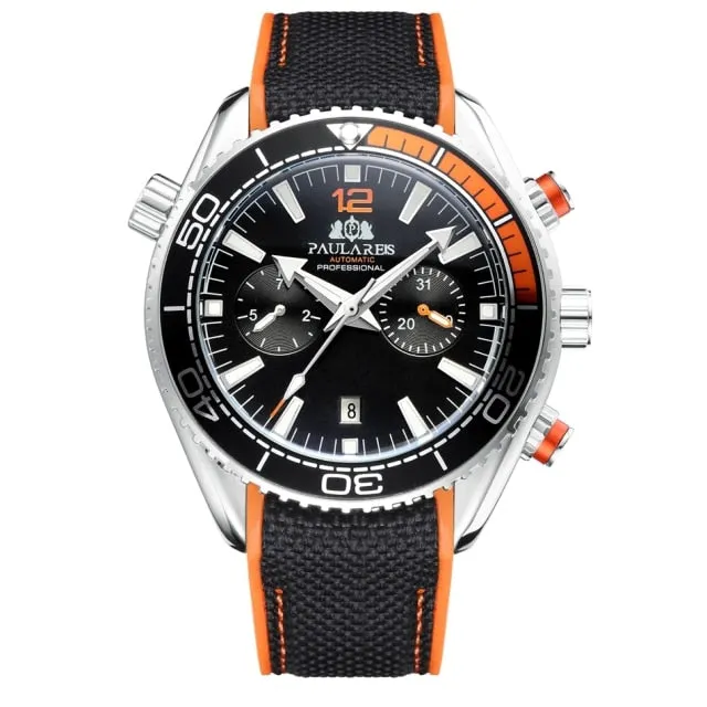 Men Automatic Self Wind Mechanical Canvas Rubber Strap Orange Blue Red Multifunction Date Month Watch