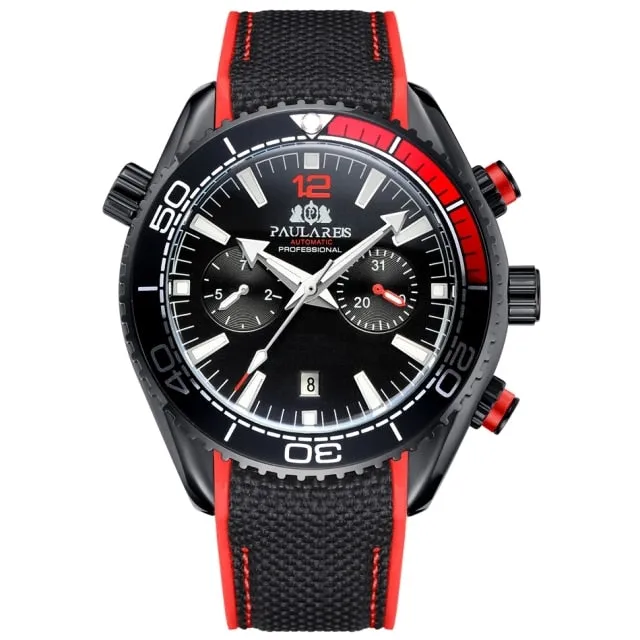 Men Automatic Self Wind Mechanical Canvas Rubber Strap Orange Blue Red Multifunction Date Month Watch