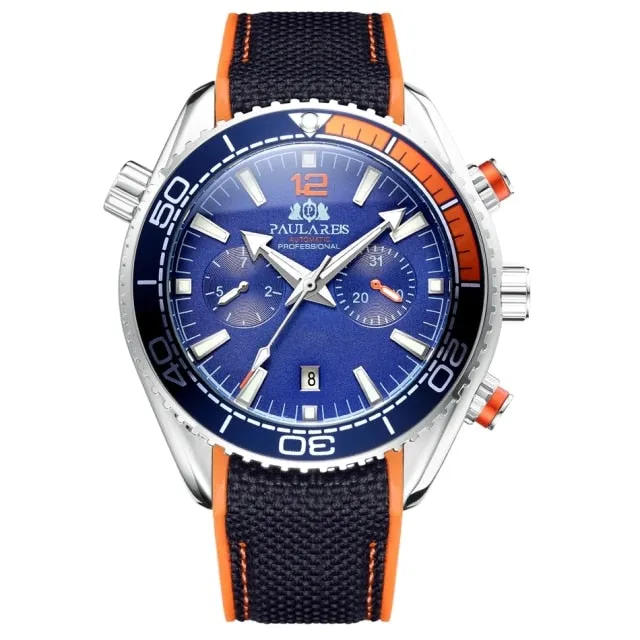 Men Automatic Self Wind Mechanical Canvas Rubber Strap Orange Blue Red Multifunction Date Month Watch