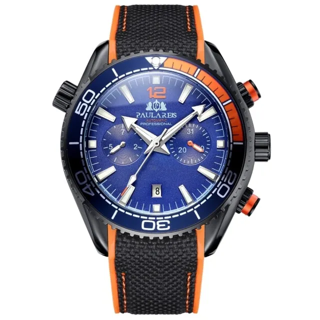 Men Automatic Self Wind Mechanical Canvas Rubber Strap Orange Blue Red Multifunction Date Month Watch