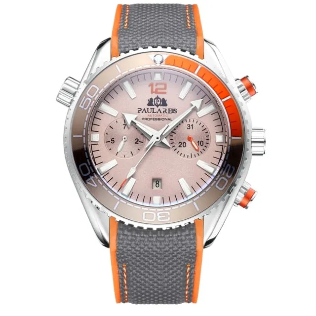 Men Automatic Self Wind Mechanical Canvas Rubber Strap Orange Blue Red Multifunction Date Month Watch