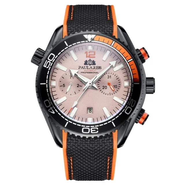 Men Automatic Self Wind Mechanical Canvas Rubber Strap Orange Blue Red Multifunction Date Month Watch