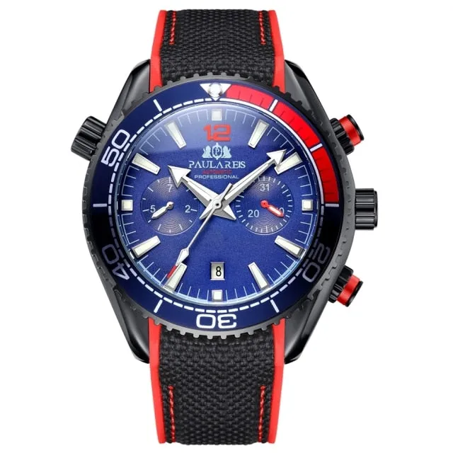 Men Automatic Self Wind Mechanical Canvas Rubber Strap Orange Blue Red Multifunction Date Month Watch