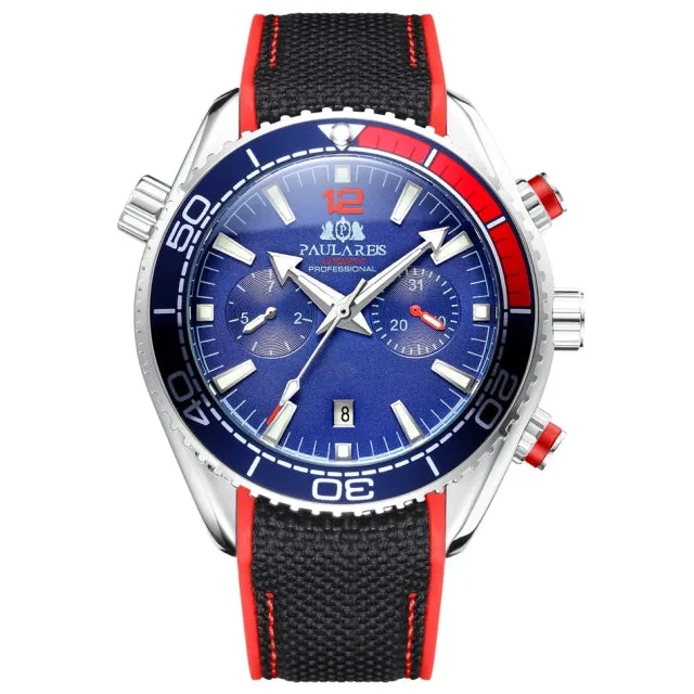 Men Automatic Self Wind Mechanical Canvas Rubber Strap Orange Blue Red Multifunction Date Month Watch