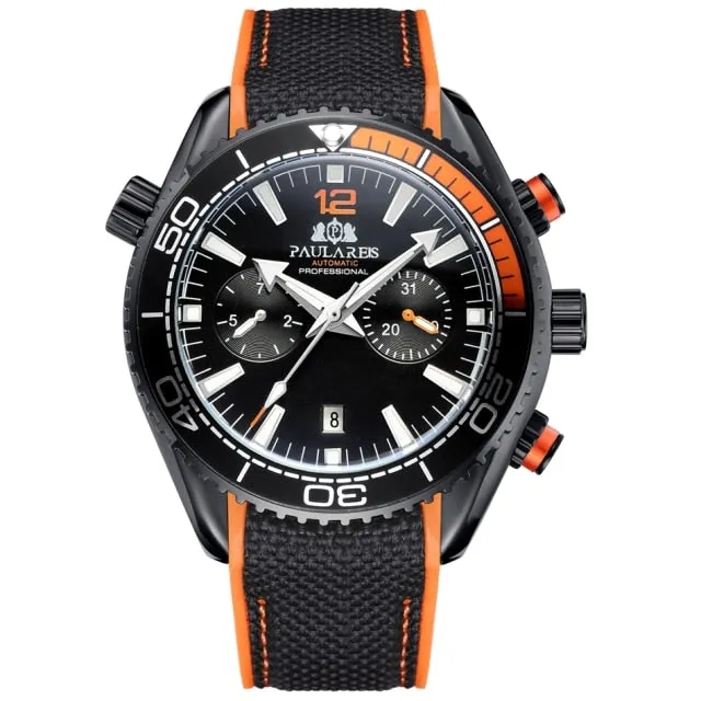 Men Automatic Self Wind Mechanical Canvas Rubber Strap Orange Blue Red Multifunction Date Month Watch