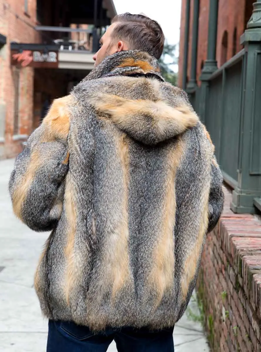 Men's Full Skin Natural Grey Fox Fur Bomber Jacket