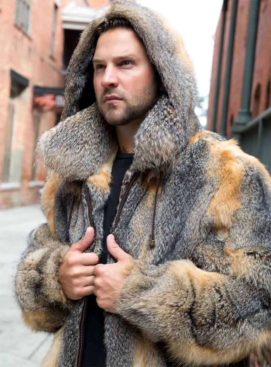 Men's Full Skin Natural Grey Fox Fur Bomber Jacket