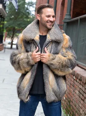 Men's Full Skin Natural Grey Fox Fur Bomber Jacket