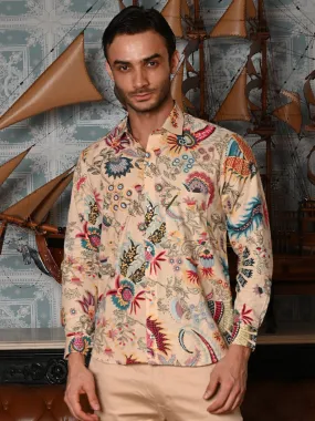 Odette Beige Tropical Printed Cotton Casual Shirt for Men