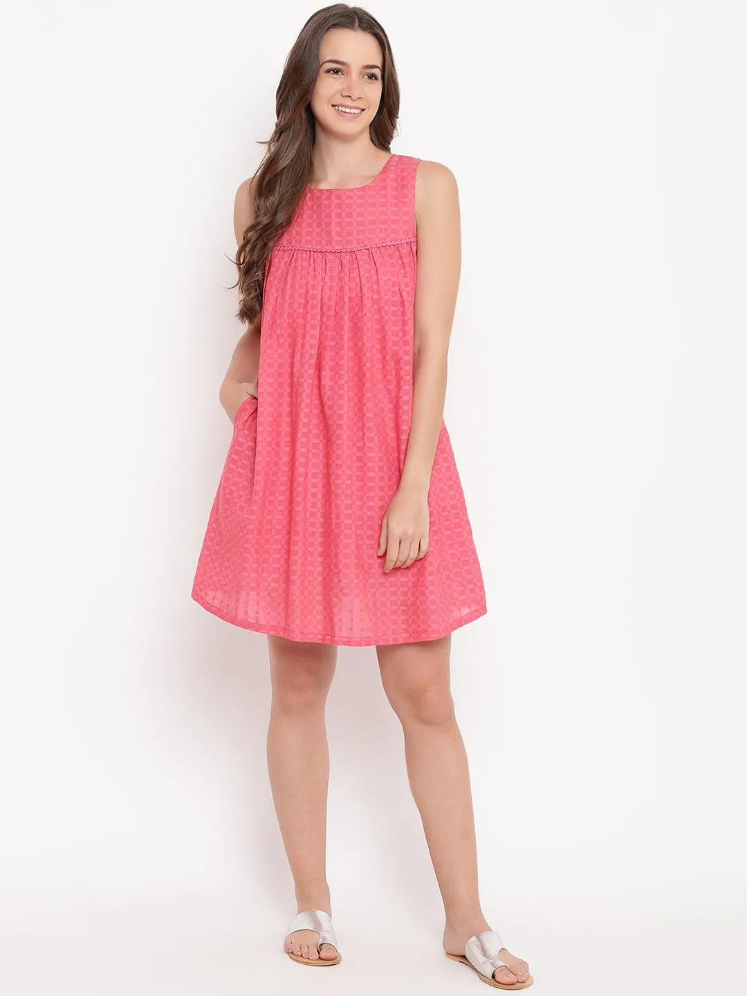 Pink Grid Gathered Dress