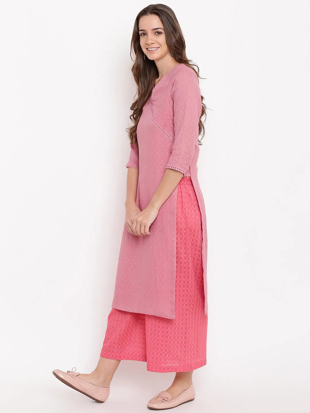 Pink High Slit Kurta- Contrast Palazzo