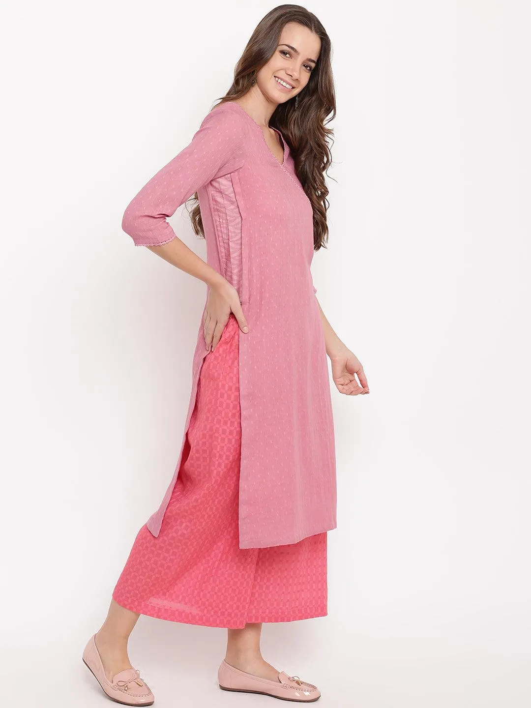 Pink High Slit Kurta- Contrast Palazzo