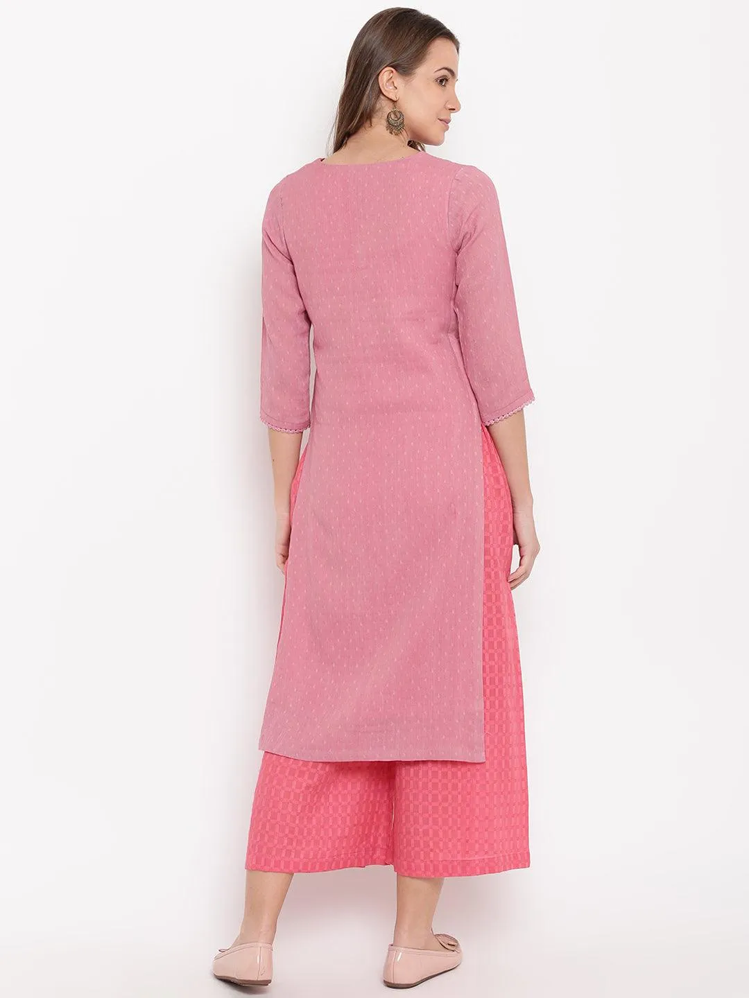 Pink High Slit Kurta- Contrast Palazzo