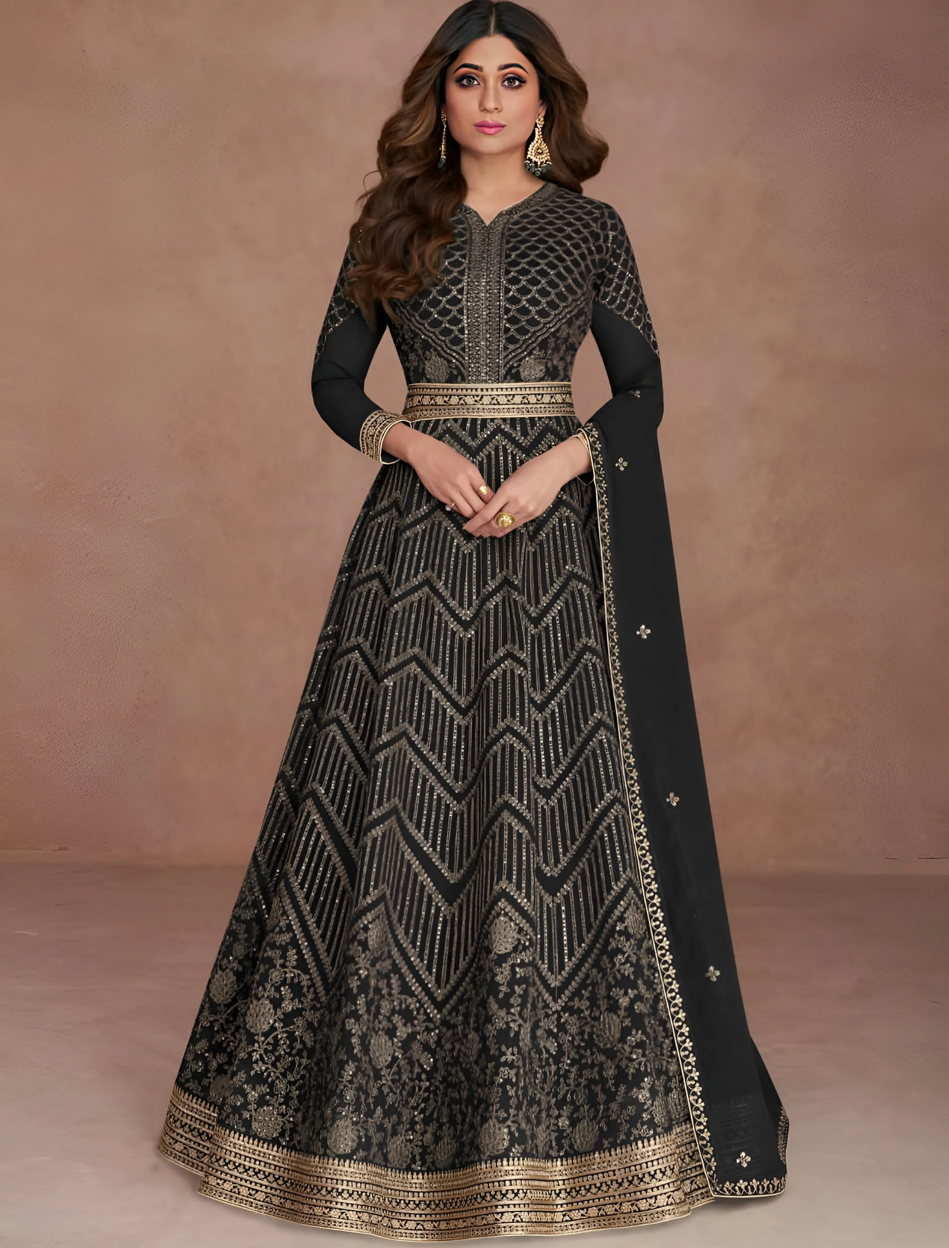 Sequin Embroidered Anarkali Gown Black