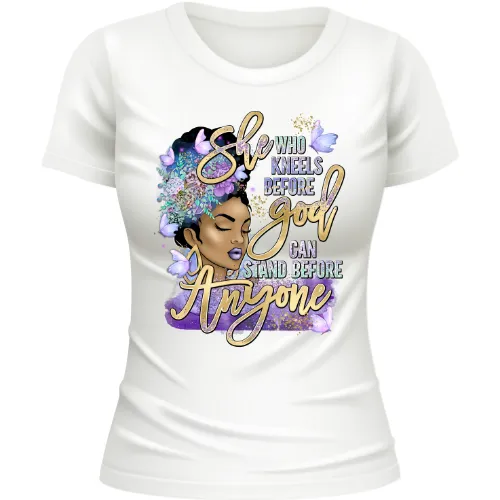 She who kneels before God can stand before anyone.  Black Queen, Sublimation T-shirt Transfer.  Black Queen, African American, Black History Month, Melanin Sista Transfers For T-shirts.