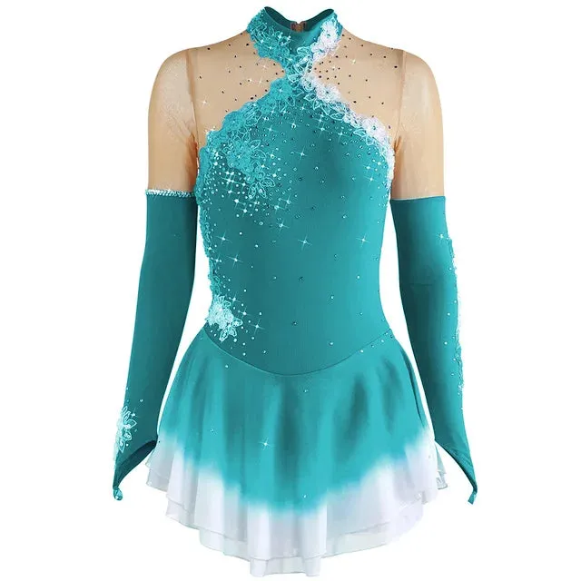 #SK0331-A WOMENS Figure Skating Dress- Long Sleeve- Competition Ice Skating Dress -Performance Dancewear With Rhinestone