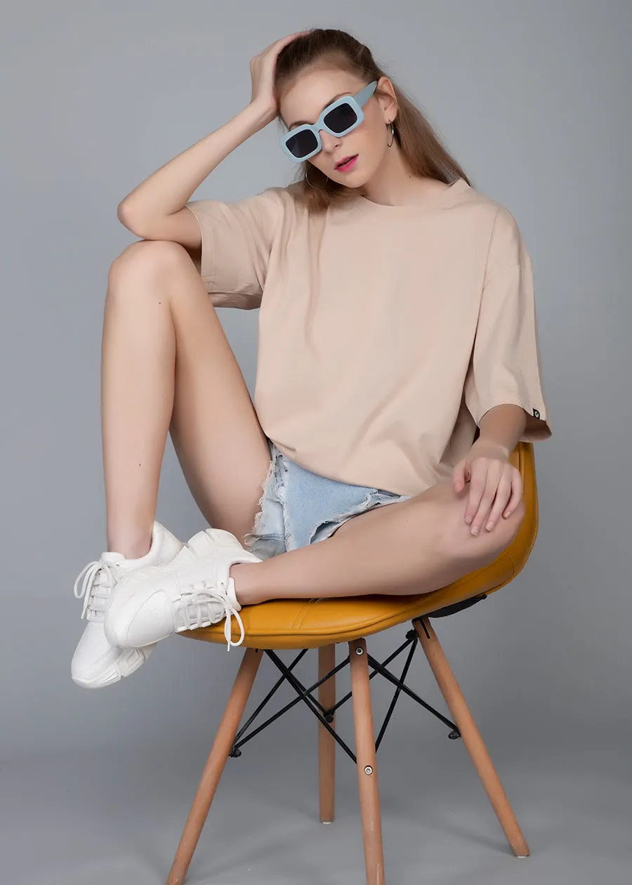 Solid Women Oversized T-Shirt - Beige