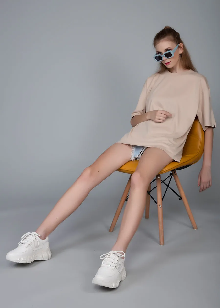 Solid Women Oversized T-Shirt - Beige