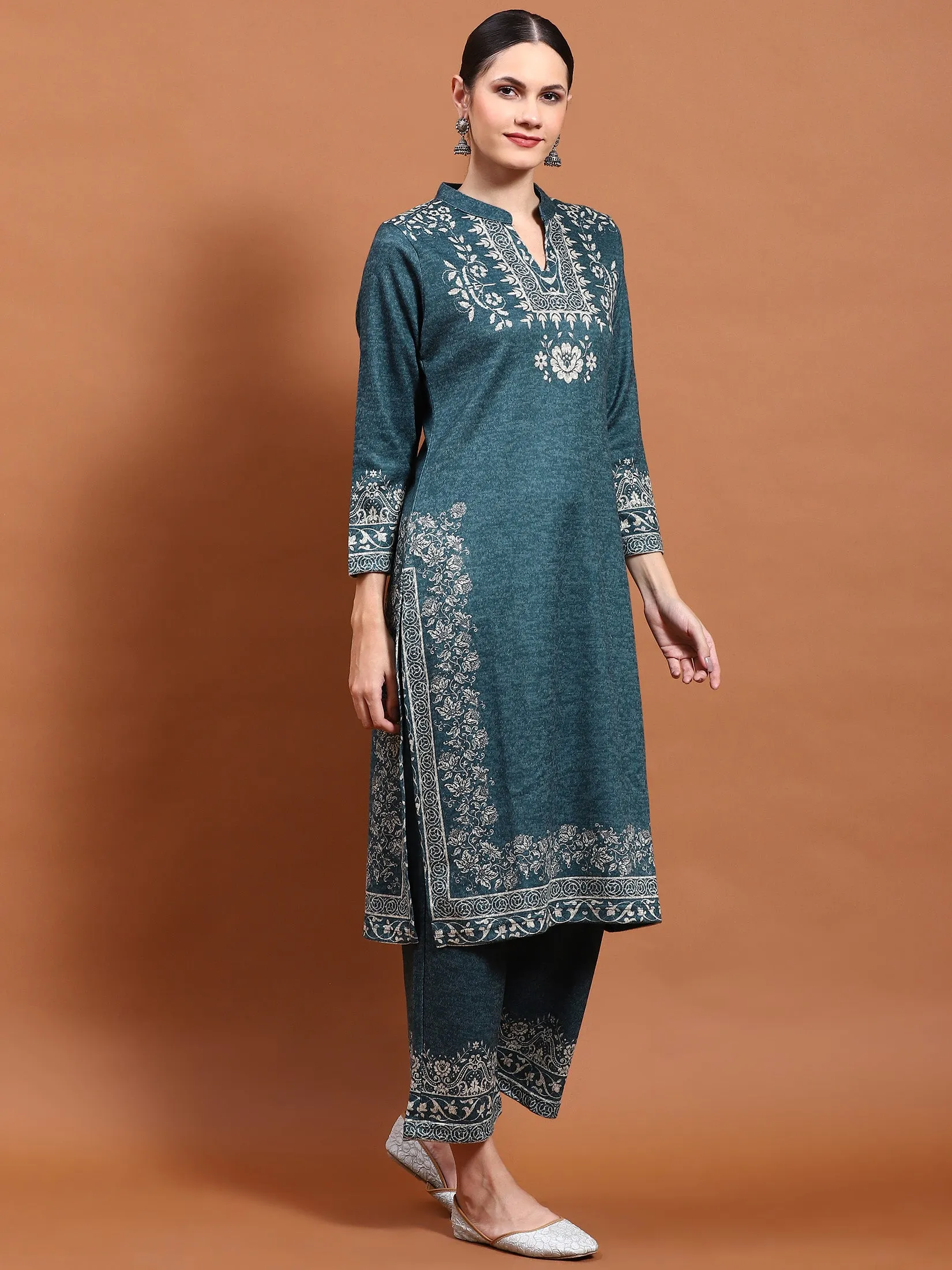 Winter Women Teal Printed Kurta Bottom Dupatta