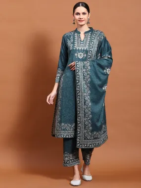 Winter Women Teal Printed Kurta Bottom Dupatta