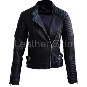 Women Black Padded Leather Jacket