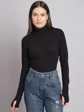 Women Black Polo Neck Top