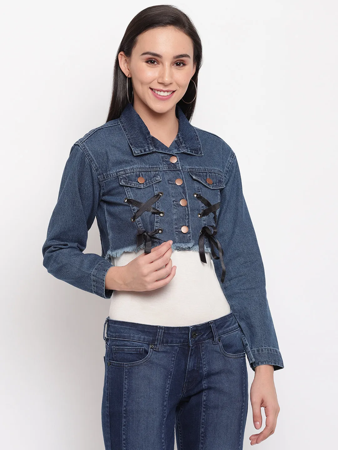 Women Dark Blue Cropped Denim Jacket