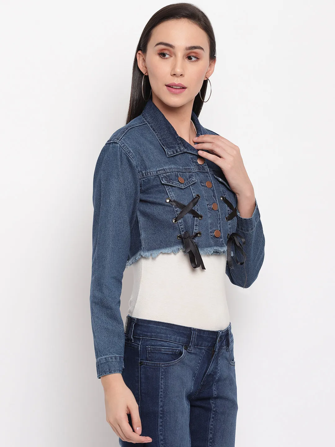 Women Dark Blue Cropped Denim Jacket