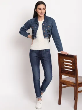 Women Dark Blue Cropped Denim Jacket