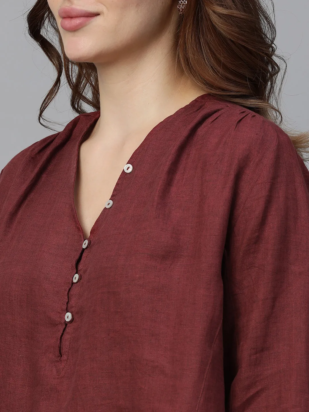 Women's Maroon Linen Regular Fit Blouse