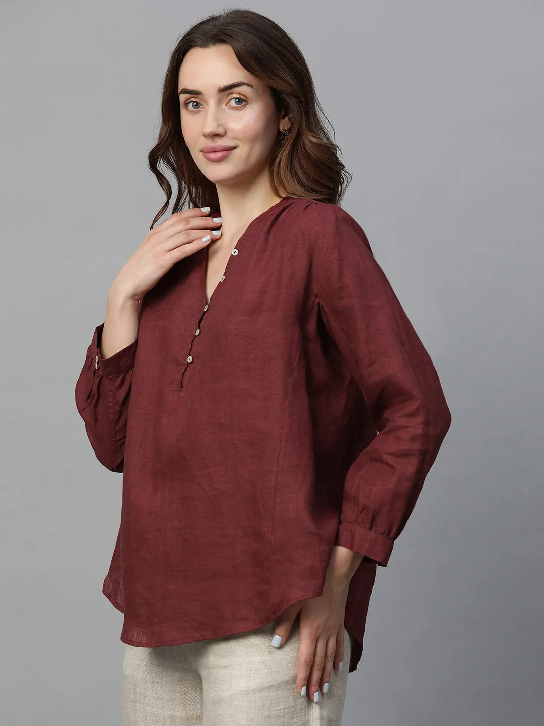 Women's Maroon Linen Regular Fit Blouse