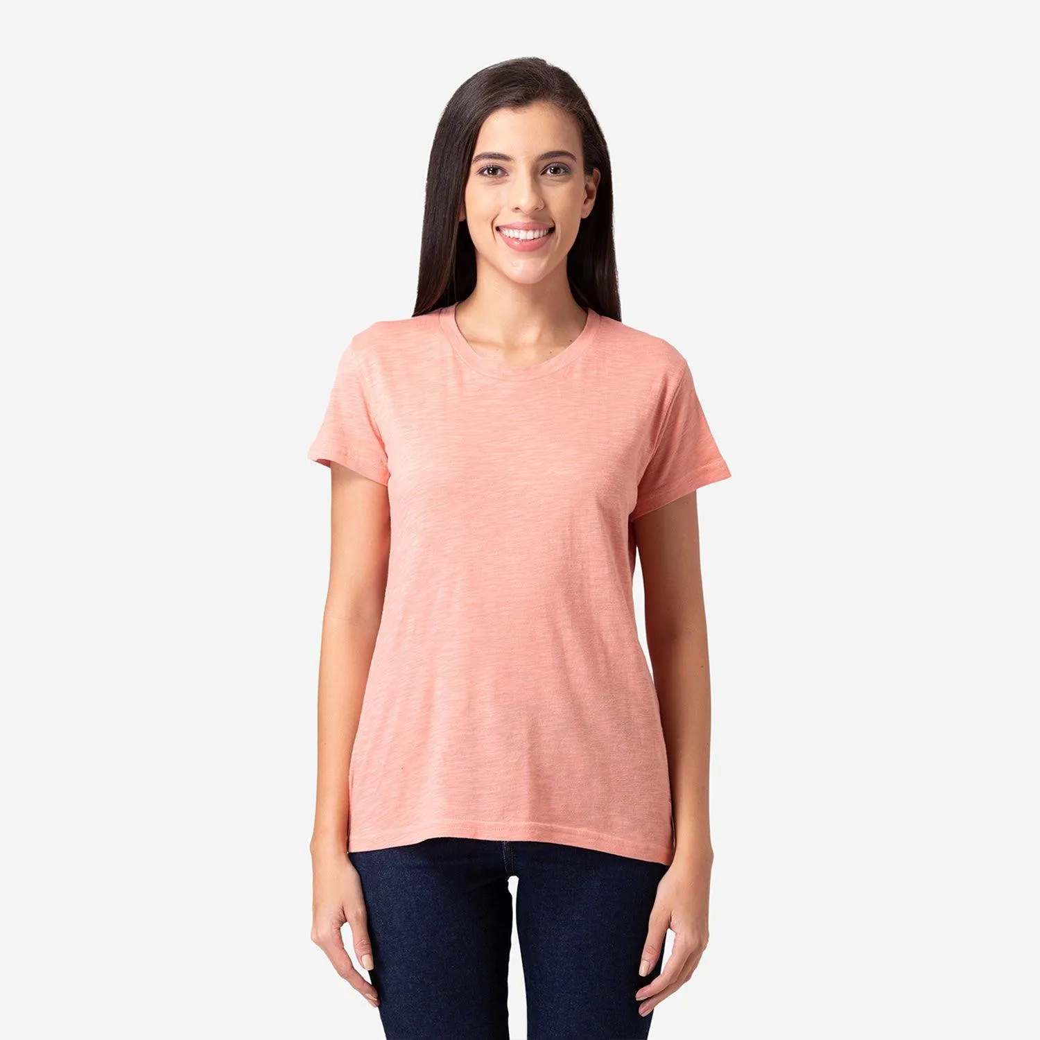 Women's Plain Half Sleeve Round-Neck T-Shirt For Summer - Coral