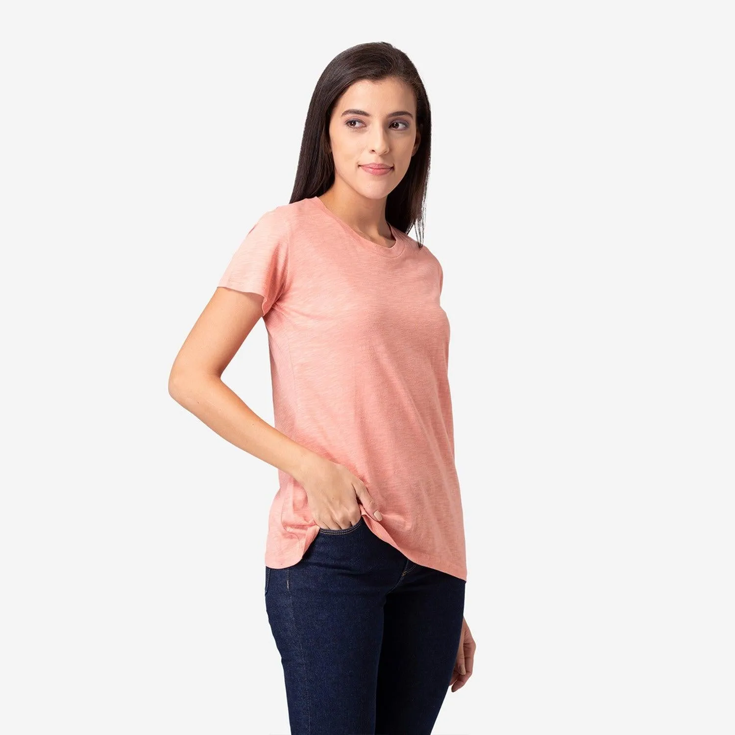 Women's Plain Half Sleeve Round-Neck T-Shirt For Summer - Coral